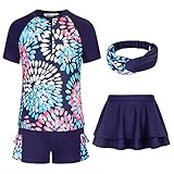 GRACE KARIN Girls 3-Piece Big Kid Rashguard Sets Short Sleeve Swimsuit Swim Skirt Pool Party Swimwear Navy 8Y
