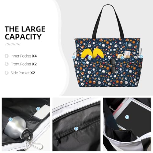 Large Beach Bags Water-resistant Sandproof - baseball football Cute Beach Tote Bags for Women with Zipper3