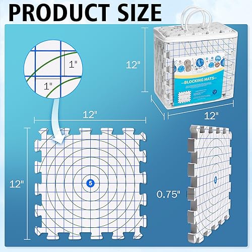 Image of Yiitoll Blocking Mats for Knitting & Crochet, 2 in1 Double Side Knitting Blocking Mat with Grid and Radial, Extra Thick 9 Packs Crochet Blocking Board for Needlepoint with 100 T-pins and Storage Bag