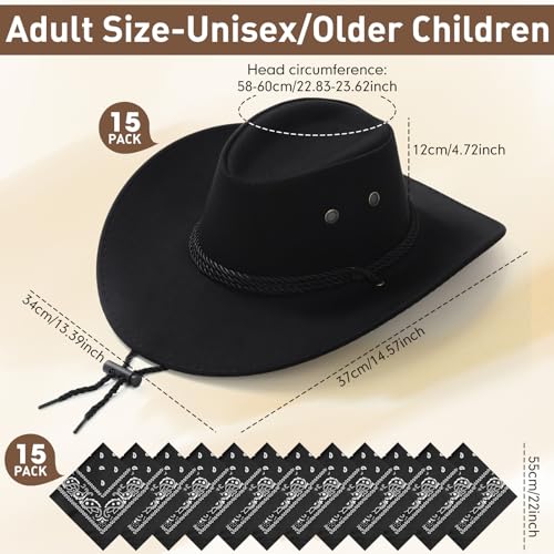 Image of Coume 15 Set Western Cowboy Hat Costume Accessories Paisley Bandanna Cowgirl Hats Bulk for Adult Women Men Dress Party