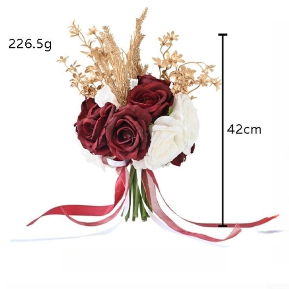 Bouquet da sposa realistico con rose in seta con fiocco – elegante decorazione per matrimoni per damigelle d'onore (stile 1)