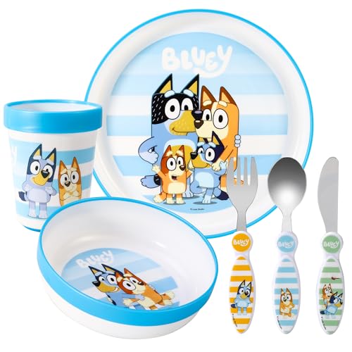 Bluey Kids 6 Piece Reusable Dinner Set - Plate/Bowl/Cup/Knife/Fork/Spoon - Childrens Dinnerware Tableware Cutlery Set
