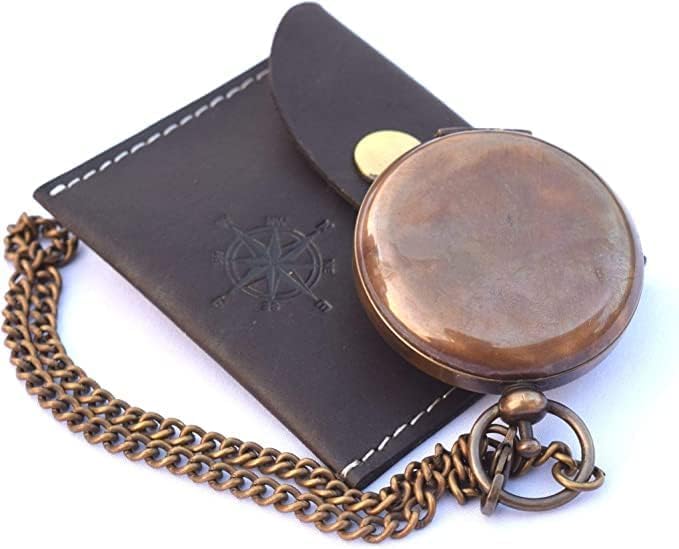 Brújula de bolsillo de latón hecha a mano con tapa de apertura y cadena, con estuche de cuero miniatura 4