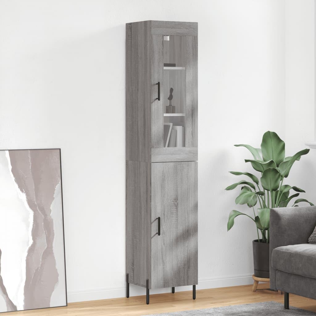Wysoki kredens Sonoma szara sklejka wysoka kredens z metalowymi drzwiami i nogami, szafka do przechowywania organizacji domowej 34,5 x 34 x 180 cm