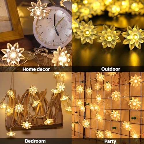 Image of One94Store 14 LED 3 Meter Double Silicone Flower String Light Lotus Fairy Light for Home Decoration, Indoor Outdoor Decoration Waterproof Flower Light for Diwali, Christmas (Warm White, Pack of 3)