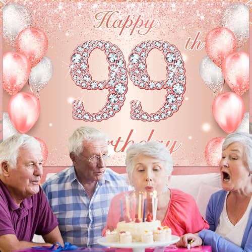 Image of Happy 99th Birthday Rose Gold Banner Cheers to 99 Years Old Backdrop Confetti Balloons Theme Decor for Women 99 Years Old Pink Birthday Party Decorations Bday Supplies Background Favors Gift Glitter