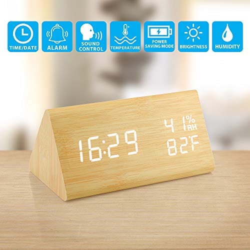 Oct17 Wooden Alarm Clock, Wood LED Digital Desk Clock, Upgraded with Time Temperature, Adjustable Brightness and Voice Control, Humidity Displaying - Bamboo