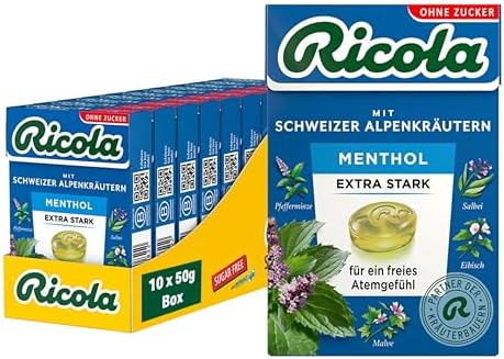 Ricola Extra EXTRA STARK, 10 Böxli Original Schweizer Kräuter-Bonbons mit 13 Schweizer Alpenkräutern & Menthol, zuckerfrei, 10 x 50g, vegan