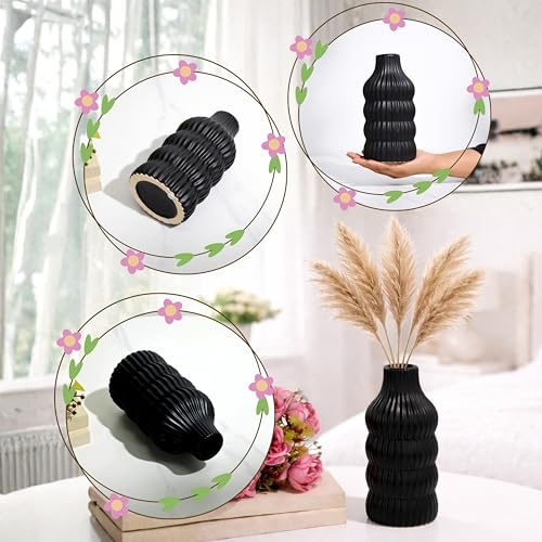 Image of Modern Ribbed Ceramic Vase - Matte Black Decorative Flower Vase for Home Decor, Table Centerpiece & Living Room Styling