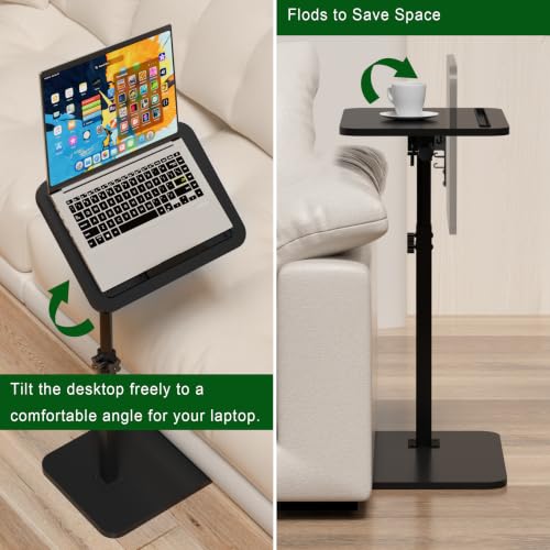 Image of Black Side Tray Table for Couch - 360 Swivel Adjustable Height Rotating Sofa Table