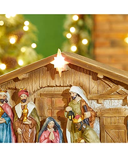 Image of Glitzhome Lighted Resin Nativity Figurines House Countertop Christmas Ornaments Nativity Scene Figure Tabletop Crafts Statue Miniatures Xmas Collectibles Baby Jesus Gifts for Home Shelf Decor 12.5 inch