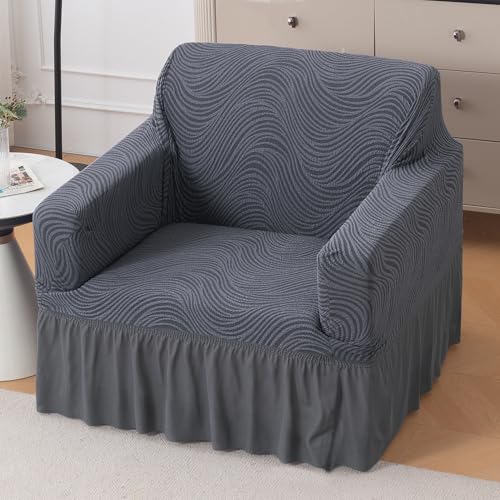 Image of HOKIPO 1 Seater Sofa Cover with Frill- 240 GSM Premium Jacquard Stretchable Fully Covered Slipcover, 'Serene Wave Series' Pewter Grey (AR-6352)