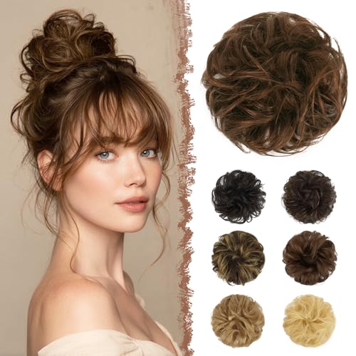 FESHFEN Moños Postizos Pelo Natural - 100% Cabello Humano Ondulado Moño Postizo Despeinado Coletero Extensiones para Mujer, Castaño Claro Chocolate