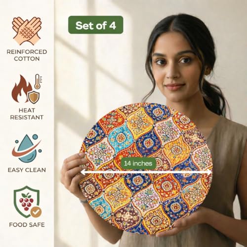 Image of Premium Round Cotton Dining Table Mats Set of 4 | Washable Heat Resistant Food Mat | Circular Dining Table Hot Plate Mats & Coaster for Hot Utensil (14-inch, Printed Mandala /Multicolour)