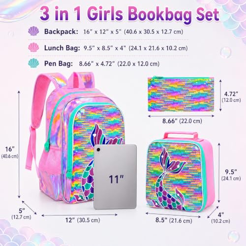 Image of 3Pcs Mermaid Girls Backpack, 16 inch Sequin Fish Tail Bookbag Set for Kids, Elementary Preschool Preschool School Backpacks with Lunch Box (Rainbow)
