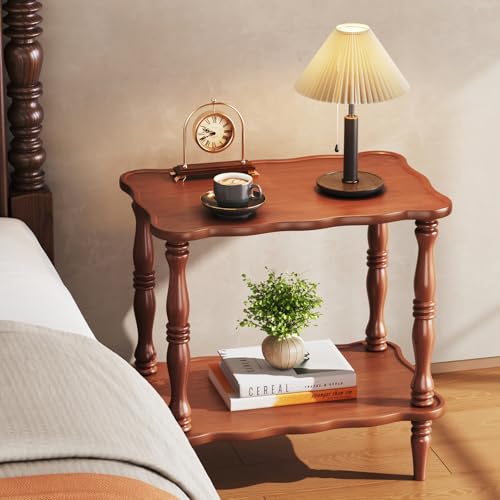 Image of Uniclinens Solid Wood End Side Table - Small Wooden Nightstand for Living Room Bedroom, Retro Brown