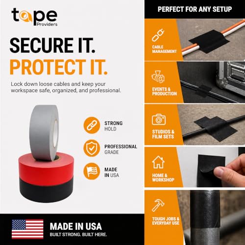 Image of WOD Professional Grade Black Gaffer Tape - Made in USA - 1 in. x 50 yds. (48-Rolls) No Sticky Residue, Cables, Non Reflective, Hand Tearable, Gaff Cloth Trade Shows, Concerts