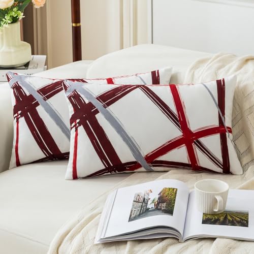 Jayusaror Housses de Coussin 30x50 Rouge Gris Velours Coussin Canape Géométriques Housses Coussin Décoratives d'automne pour Canapé-lit Canapé Décoration...