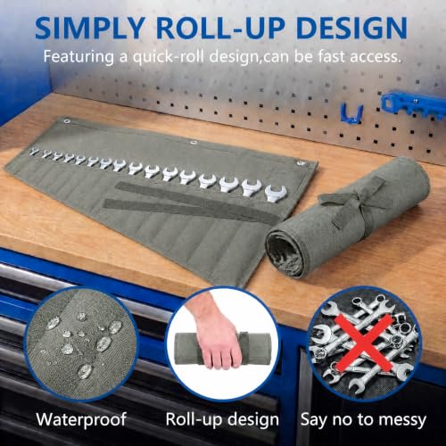 Image of Wrench Roll Up Pouch,16-Pocket Heavy Duty Roll Up Tool Bag,Sturdy Waterproof Oxford Fabric with 3 Rings for Wrenches,Screwdrivers,Hand Tools Storage,Portable Wrench Organizer for Mechanics(Olive Gray)
