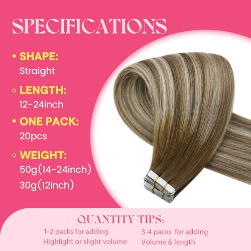 Image of Ve Sunny Hair Tape in Hair Extensions Human Hair | Medium Brown Root to Platinum Blonde Balayage,16Inch 50g 20Pcs,Skin Weft,for Daily Wear