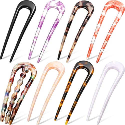 8 Pieces French U-shaped Hairpin with 2 Prongs, Cellulose Acetate Tortoise Shell U-Shaped Hair Pin Fork Sticks Chignon Pin Tortoise Shell for Women Girls Hairstyles