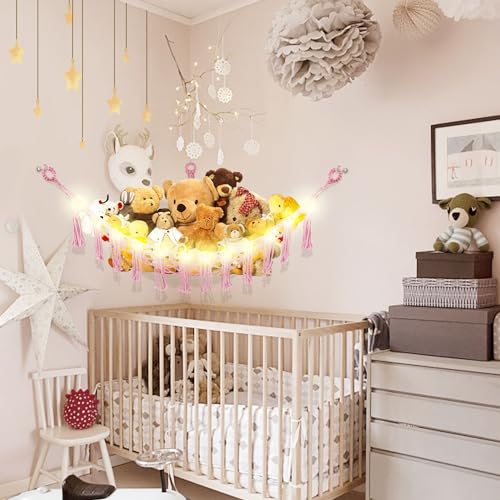Image of CERETIA Stuffed Animal Hammock with LED Light, Large Stuffed Animals Storage Corner Plushie Net for Kids Room Decor, 2 Packs Pink