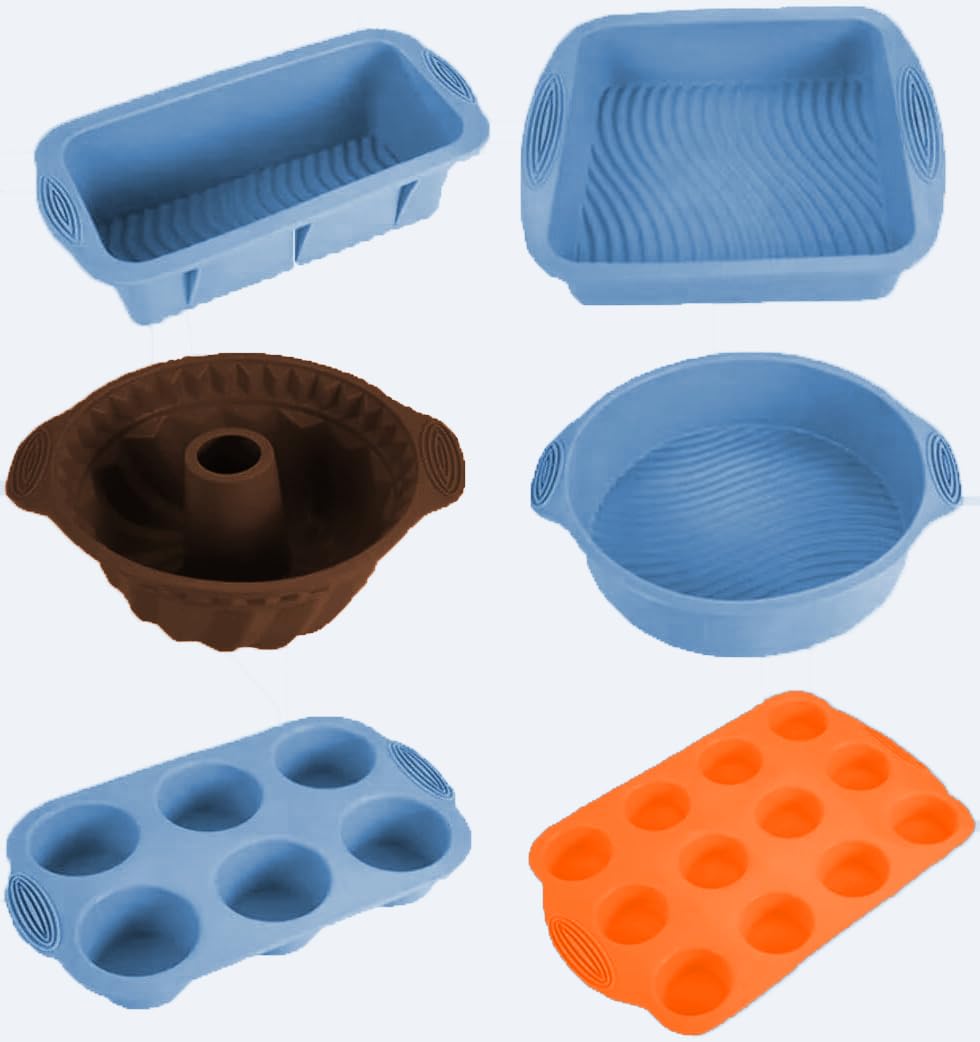 Juego de moldes de silicona 6 en 1, resistentes al calor, accesorios para moldes para tartas, tortitas, mantequilla, cupcakes, pan, magdalenas y utensilios de horno