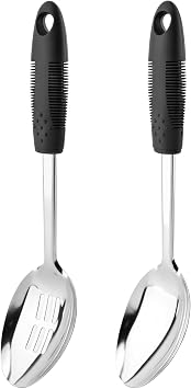 2 Pack Stainless Steel Serving Spoons Set, Slotted & Solid Spoon, 12-Inch Large, Silicone Handle Non-Slip Heat Resistant, Hanging Hole, Tabletop Flatware, for Buffet Kitchen Party