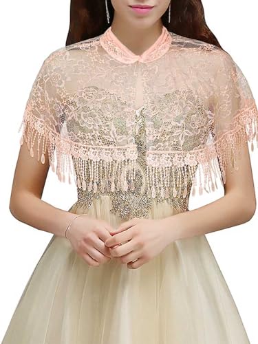 Campsis Floral Lace Scarf Shawl Pink Mesh Wedding Fringe Wraps Tassels Lace Shawls Bridal Cover up Stoles for Women