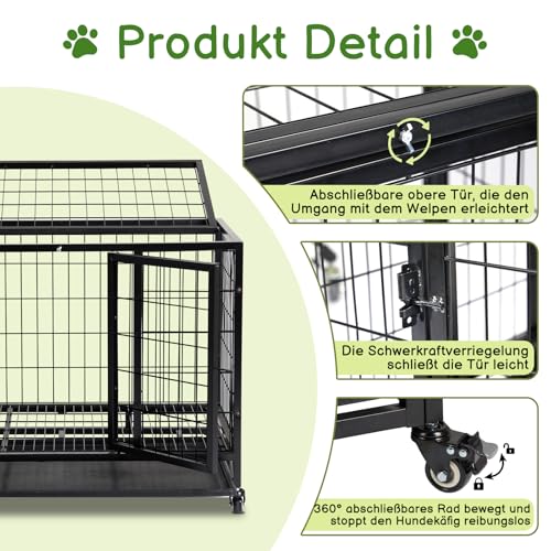 Hundekäfig hochbelastbar, Faltbare Mobile Hundebox, 2 Türen, feststellbare Räder, herausnehmbares Tablett – Für Mittelgroße/Große Hunde – Schwarz (92x62x75 cm)