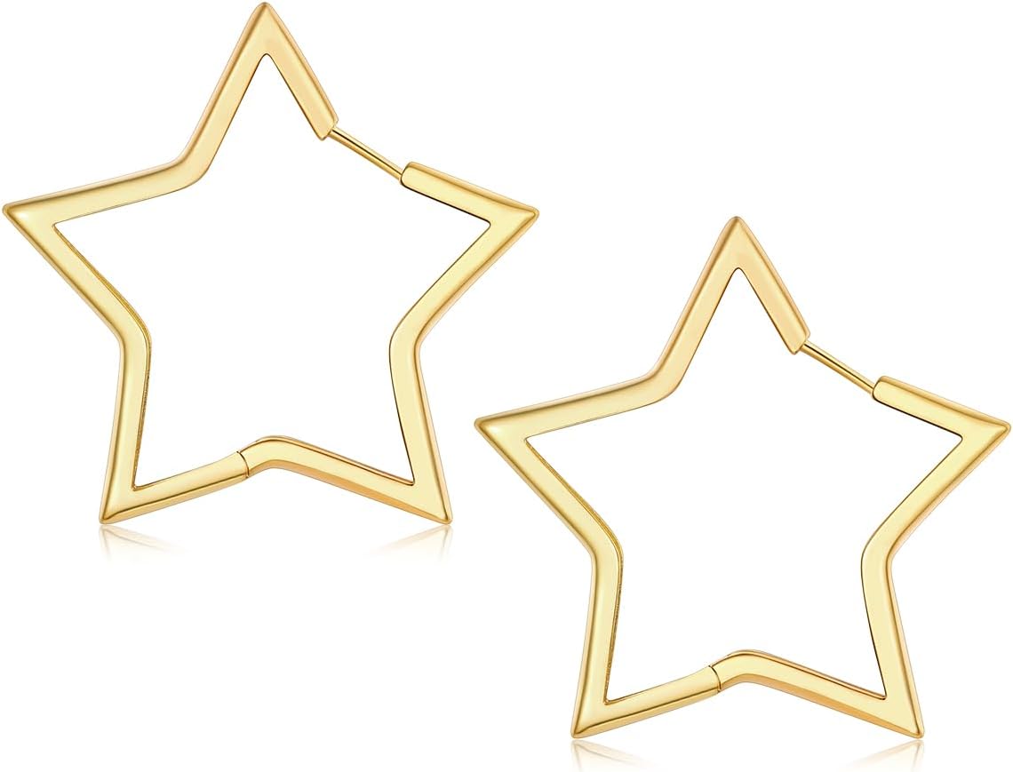 FaithHeart Star Hoop Earrings for Women Hypoallergenic, Silver/Black/14K Gold Plated Hoop Earrings for Women Hypoallergenic Lightweight Star Earring Fashion Cute Jewelry, 20/30/40/50/60mm