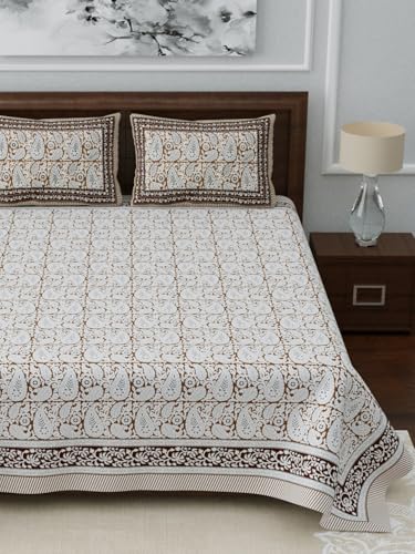 Image of Living Roots Ethnic Rajasthani /Jaipuri /Sanganeri Block Print 100% Cotton Super King Size 100 * 108 Bedsheet with 2 Pillow Covers (53B)