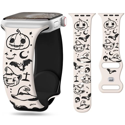 G-ficu Halloween Engraved Band for Apple Watch Bands 41mm 40mm 42mm-S10/11 38mm for Women Men iWatch Bands Silicone Holiday Pumpkin Strap for Apple Watch Series 11 10 9 8 SE 7 6 5 4 3 Band-Starlight