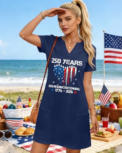 Image of Ithalt 4th of July Dresses for Women Patriotic Dress Red White and Blue Outfits American Flag V Neck Sundress with Pockets