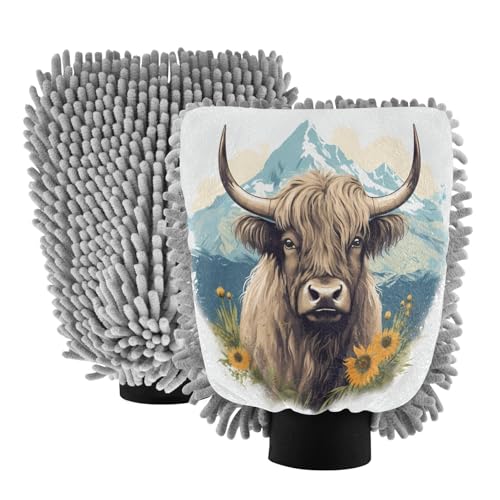 ALAZA Cattle Car Wash Mitt Scratch Free, 2 Pack Absorbent Microfiber/Chenille Washing & Drying Mitts, M