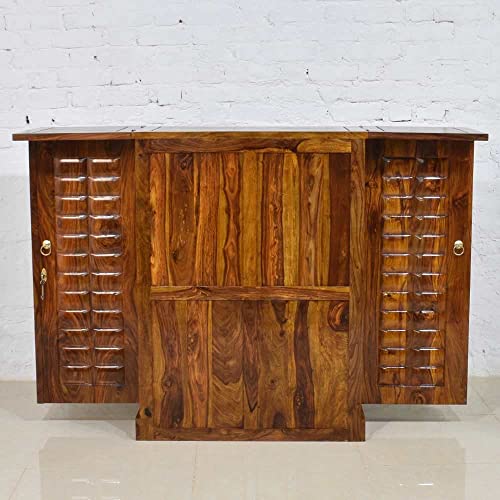 Image of Solid Sheesham Wood Bar Unit Cabinet with Storage Bottle Shelves & Built-in Glass Holder Wooden Drink Wine Rack Organizer for Living Room, Home & Lounge Dining Cupboard Liquor Furniture