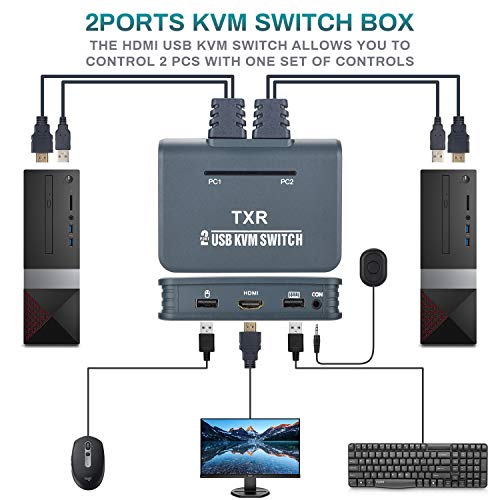 USB HDMI KVM Switch 2 Ports, Selector Switcher for 2PC Sharing Video Monitor and Keyboard, Mouse, Scanner, Printer, HUD 3840x2160/ 4K×2K@30hz