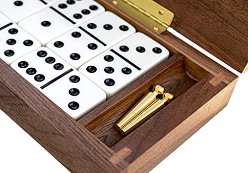 Alex Cramer Company Le Club' Luxury Domino Set With Handcrafted Walnut Case And Cribbage/Counter Top - Tournament Quality 28 Indestructible (Double 6 Domino Set With Brass Plate) #TOP5