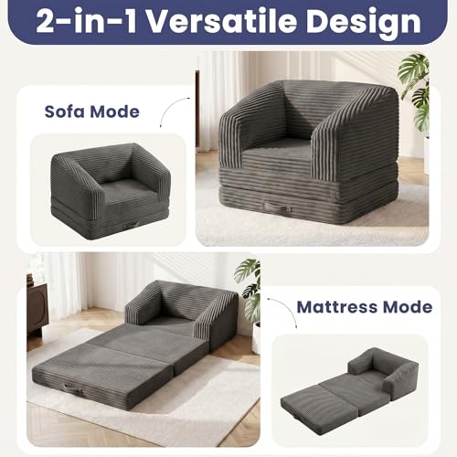Image of JUIKURY Convertible Sofa Bed, 3-in-1 Foldable Loveseat Couch with Armrest, Corduroy Floor Sofa & Sleeper Bed, No Assembly High-Density Foam Futon Mattress for Living Room, Small Apartment, Dorm