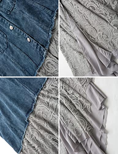 FindThy Women’s Denim Vest Sleeveless Ripped Draped Patchwork Cardigan Jean Vest with Irregular Lace Extender Hem4