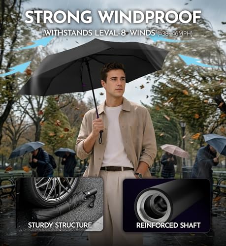 Image of LILAC Umbrella Small Stable Windproof 110 cm Pocket Umbrella Open-Close Compact Travel Umbrella with Fastener & Carabiner, Lightweight Folding Umbrella for Men and Women