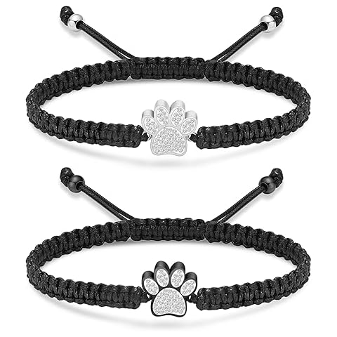constantlife Paw Print Cremation Bracelet for Ashes Stainless Steel Urn Braided Rope Adjustable Bangle Keepsake Pet Dog Cat Memorial Ash Holder Jewelry (2Pcs-Silver+Black) Cover