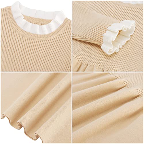 Raisevern Kids Little Girl 4T Sweater Dresses Cute Apricot Long Sleeve Ruffle Ribbed Knit Fall Winter Dress 5T Casual Warm Outfits For Holiday Occasions #TOP4