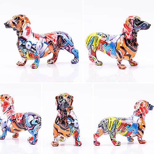 Kreative bemalte bunte Dackel Hund Dekoration Zuhause Modern Weinschrank Büro Dekor Desktop Harz Handwerk Miniaturen Statue (21,8 x 7,9 x 14 cm)