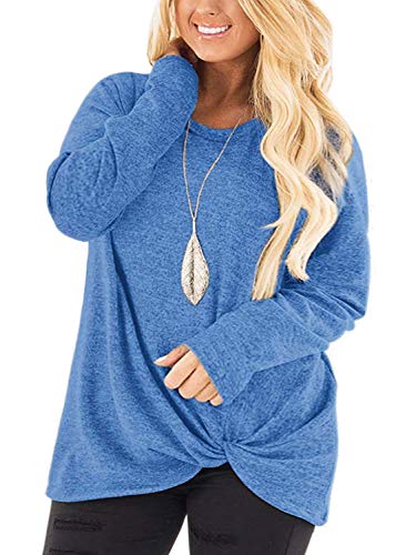 DOLNINE Plus Size Shirts for Women Long Sleeve Round Neck Tops Knot Tunic Tees Blue-18W