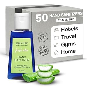 Terra Pure Hotel Hand Sanitizer Gel | Mini Hand Sanitizer Bulk | Alcohol-Free with Organic Aloe Vera | 1oz Bottles | Case of 50