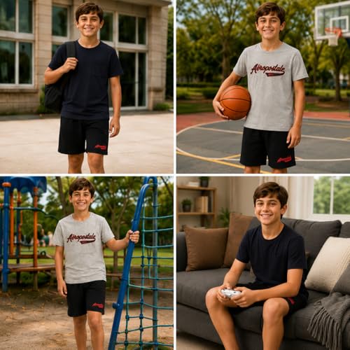 Image of AEROPOSTALE Boys Athletic Shorts Set 3 Piece Graphic T Shirts Fleece Shorts | Soft Breathable Jersey Tees, Elastic Waistband, Side Pockets, Screen-print Design, Durable Stitching for School & Play