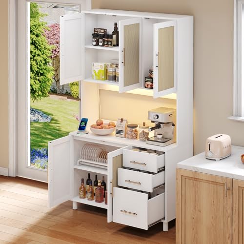 Crlnaup Aparador de cocina de 183 cm, buffet, luces LED decorativas, 2 USB, 2 enchufes, estantes ajustables, 3 cajones, asas de metal doradas, ideal para cocinas y comedores.