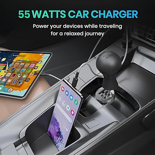 Image of GZT 55W Fast Smart Car Charger with 1.2M C - C Cable Dual Port All Metal PD Quick 25W PD /PPS +30W SuperVOOC Compatible with iPhone & Android Samsung, Vivo, Oppo & Tablets All Brand (Black)