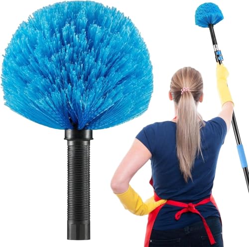 Screw on Cobweb Duster Brush Head | Spider Web Brush for Outdoor and Indoor Web Cleaning, Twist-On Corner Duster Fits Standard US 3/4 Inch Acme Threaded Poles (Pole Not Included) (Blue)